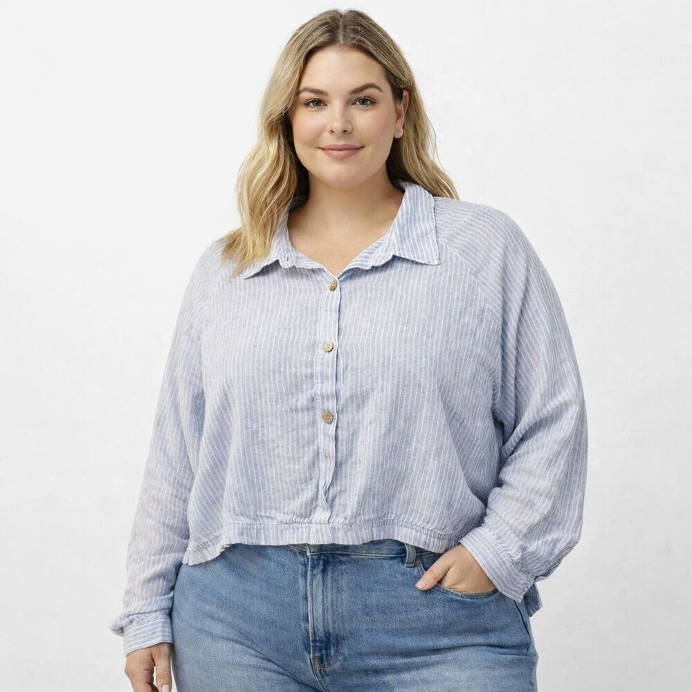 Rachel Zoe Blouse Womens XL Blue Striped Cropped Button Front Long Sleeve Top